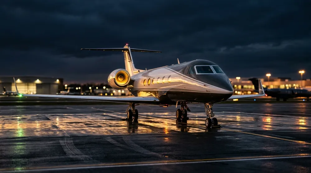 Private jet charter on the tarmac at dusk